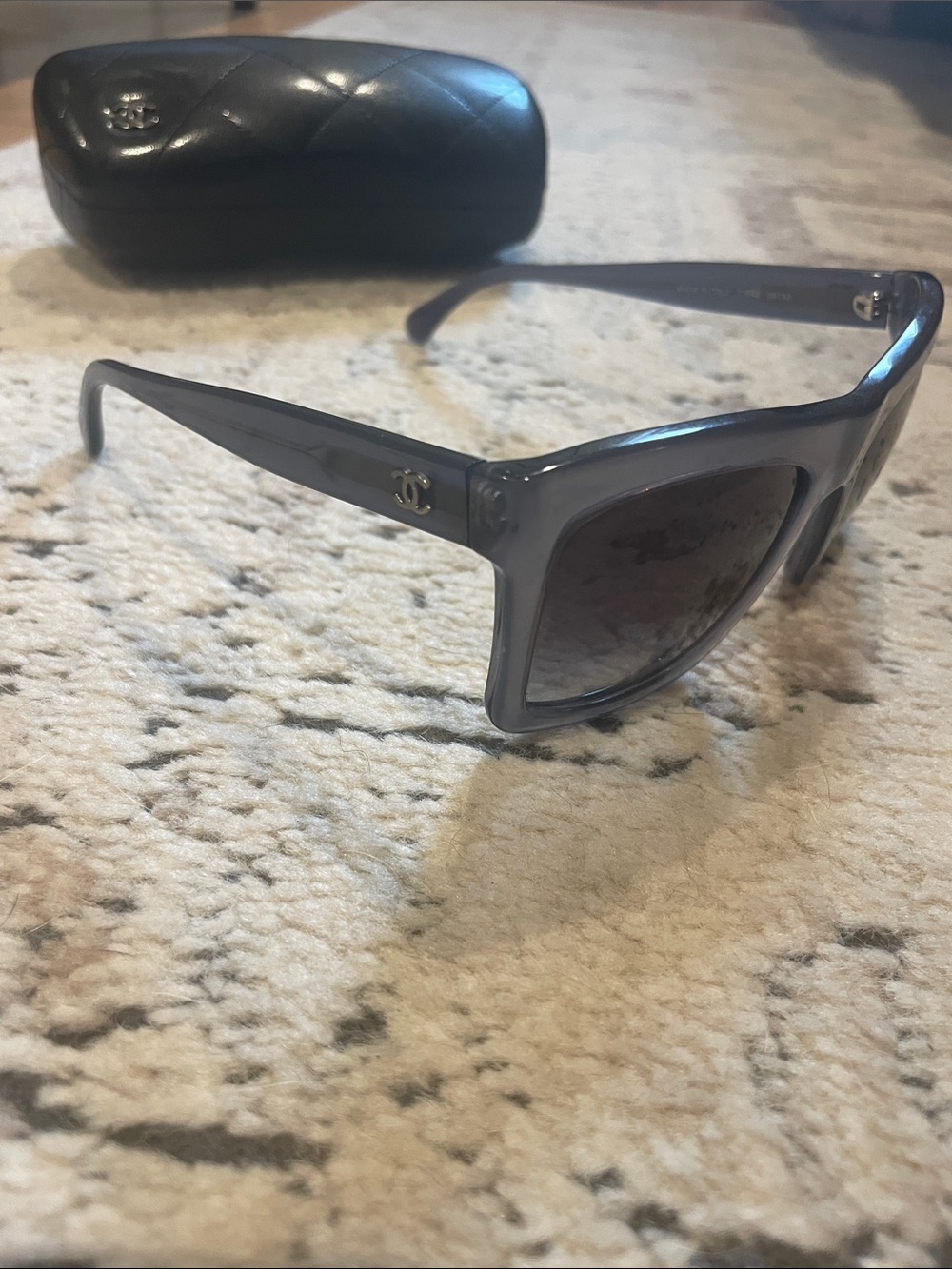 CHANEL Translucent Gray Square Sunglasses with CC Emblem